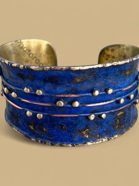Blue Patina Brass Cuff Bracelet, Handcrafted Wide Statement Cuff, Boho Artisan J
